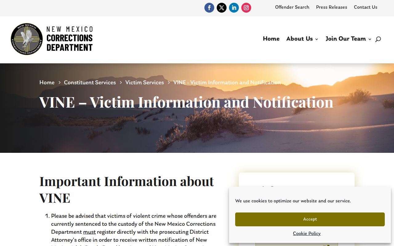 New Mexico VINE service notice for De Baca County release alerts